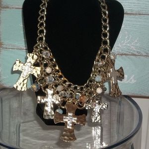 Stunning cross statement necklace goldtone heavy